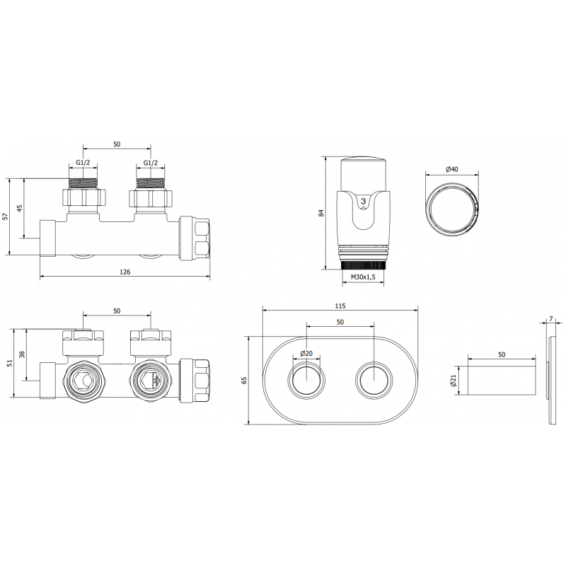 Mexen G00 set termostatic unghiular cu mască R, Duplex, DN50, negru - W907-900-905-70