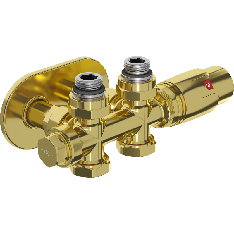 Mexen G00 termosztatikus szett sarok-/egyenes elzárással, Duplex, DN50, arany - W908-900-905-50
