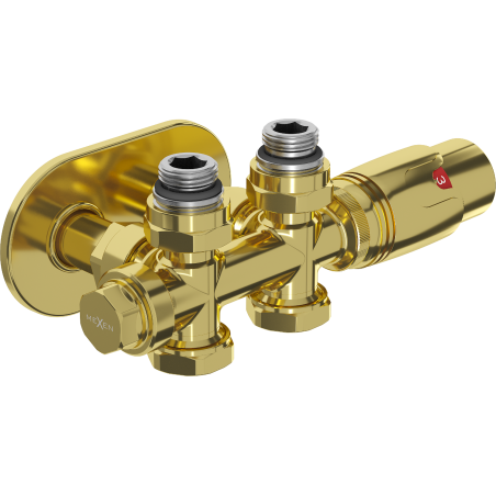 Mexen G00 termosztatikus szett sarok-/egyenes elzárással, Duplex, DN50, arany - W908-900-905-50