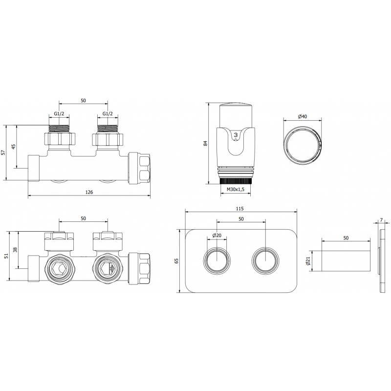Mexen G00 set termostatic unghiular cu mască S, Duplex, DN50, crom - W907-900-910-01