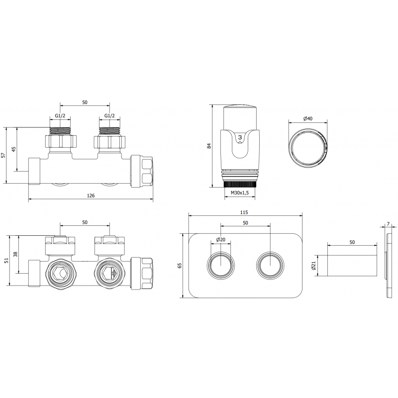 Mexen G00 set termostatic unghiular cu mască S, Duplex, DN50, antracit - W907-900-910-66