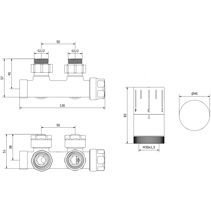 Mexen G05 termosztatikus szett, sarok, Duplex, DN50, antracit - W907-958-66