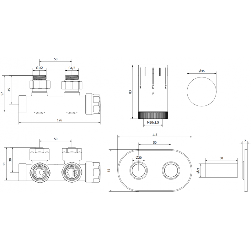 Mexen G05 set de termostat unghiular cu mască R, Duplex, DN50, auriu - W907-958-905-50