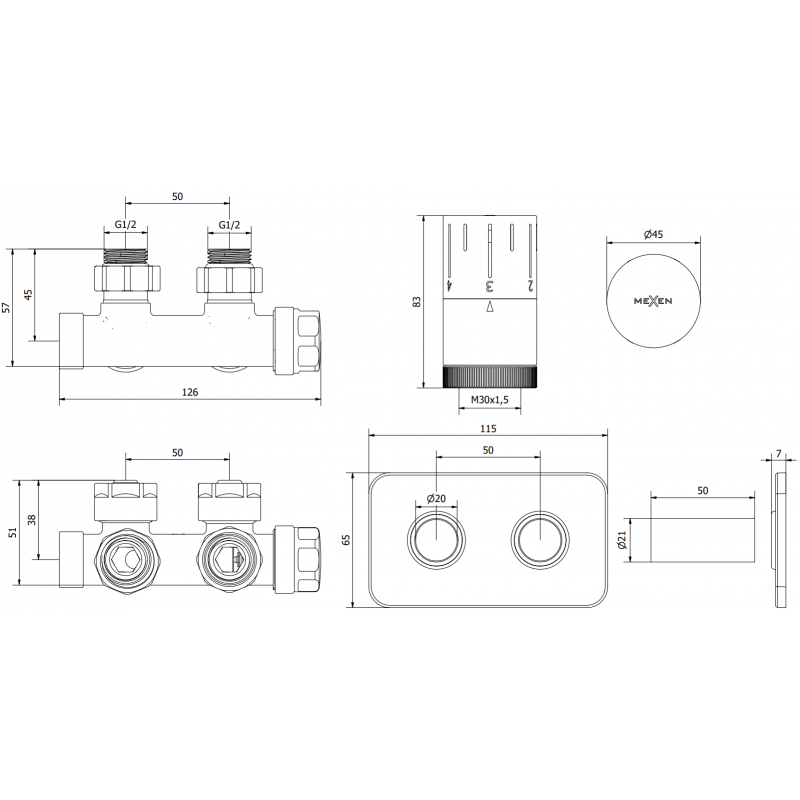 Mexen G05 set termostatic colțar cu mască S, Duplex, DN50, auriu - W907-958-910-50