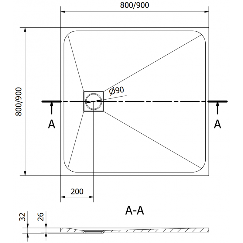 Mexen Bert SMC négyzet alakú zuhanytálca 80 x 80 cm, szürke - 4K618080
