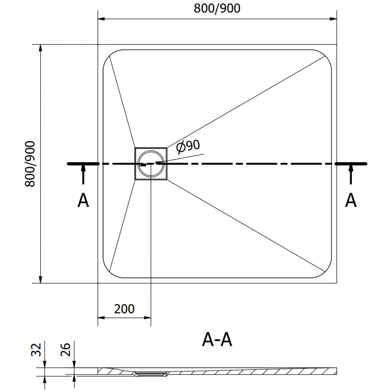 Mexen Bert négyzet alakú zuhanytálca SMC 90 x 90 cm, fekete - 4K709090