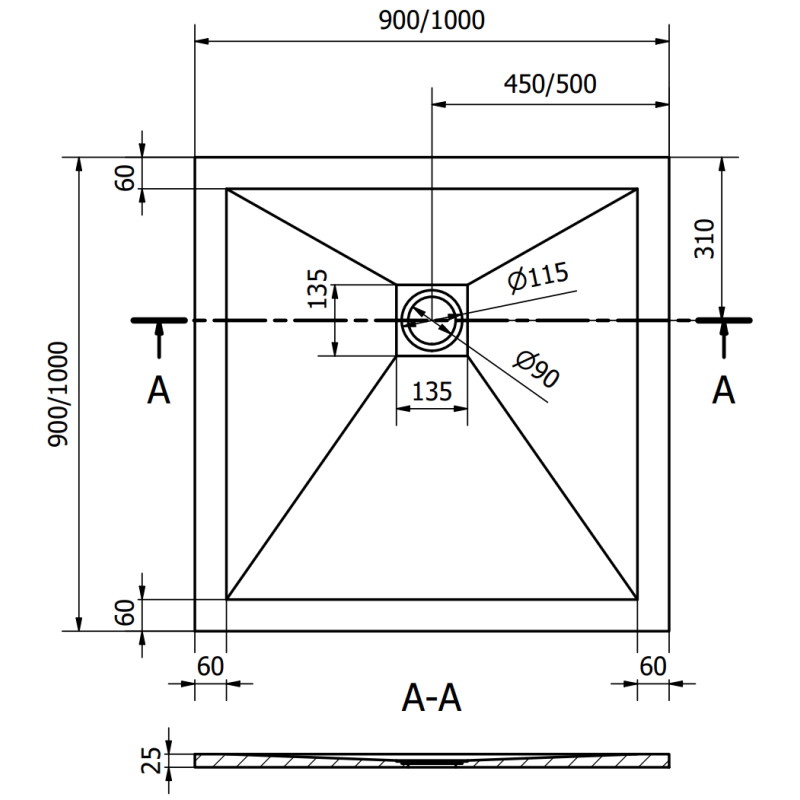 Mexen Stone+ 90 x 90 cm-es négyzet alakú kompozit zuhanytálca, fehér, fehér burkolat - 44109090-W