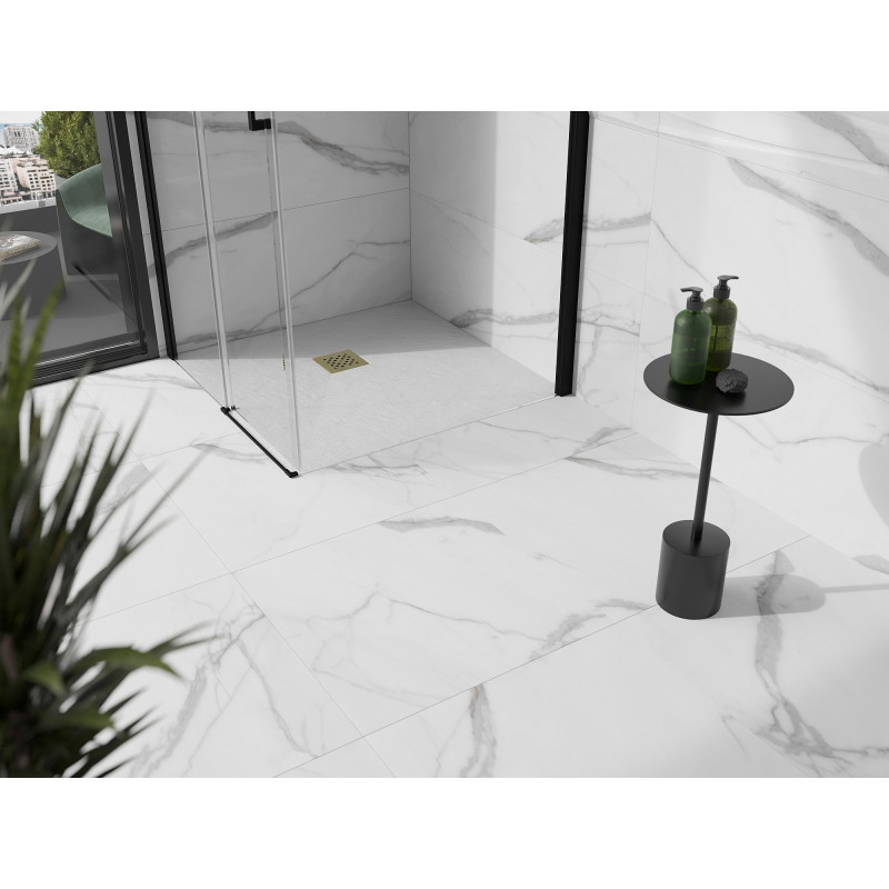 Mexen Stone+ kompozit négyzet alakú zuhanytálca, 90 x 90 cm, fehér, arany takaróelem - 44109090-G