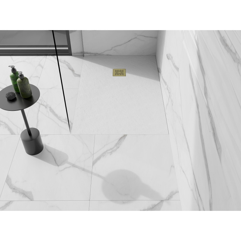 Mexen Stone+ téglalap alakú kompozit zuhanytálca 120 x 90 cm, fehér, arany takaróval - 44109012-G