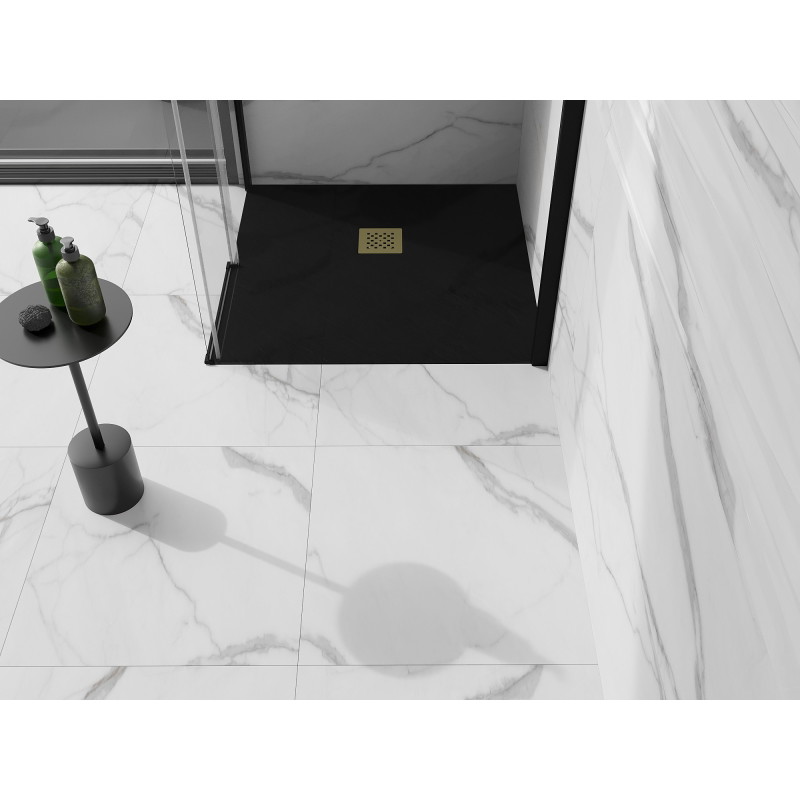 Mexen Stone+ 100 x 100 cm-es négyzet alakú kompozit zuhanytálca, fekete, arany takarólemez - 44701010-G