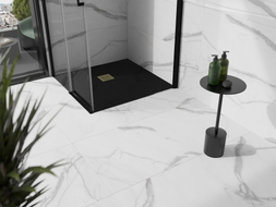 Mexen Stone+ 70 x 70 cm-es négyzet alakú kompozit zuhanytálca, fekete, arany takarólemez - 44707070-G