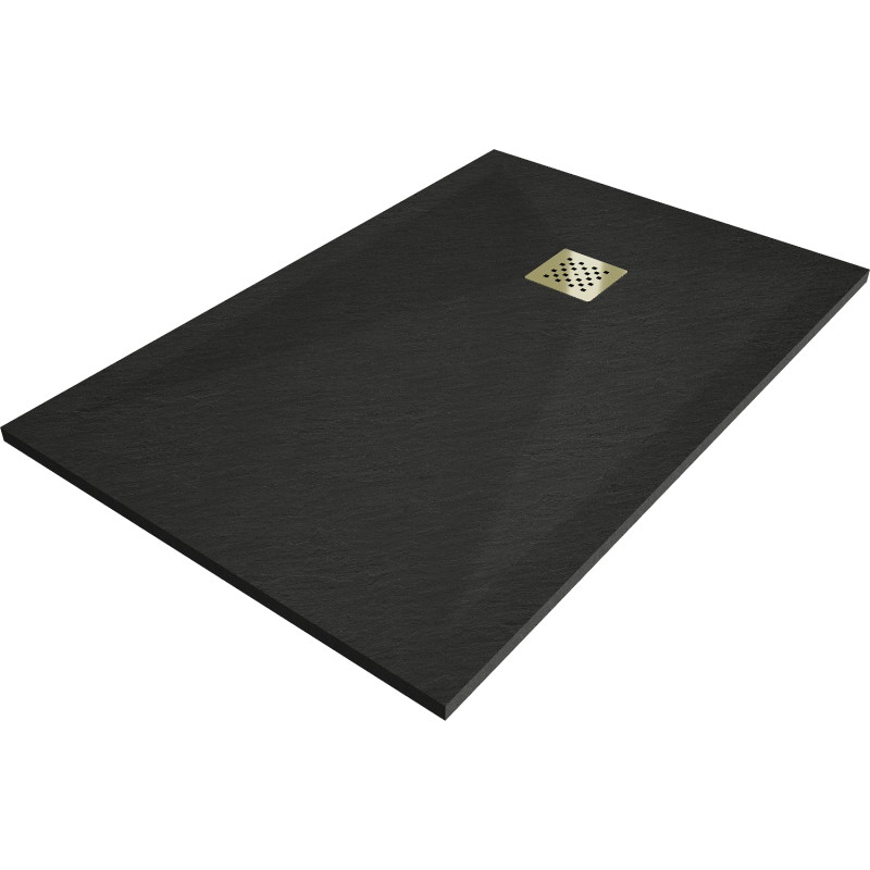 Mexen Stone+ 120 x 70 cm-es téglalap alakú kompozit zuhanytálca, fekete, arany takaróelem - 44707012-G