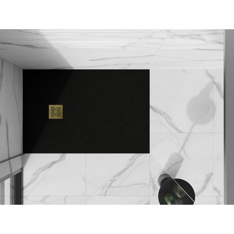 Mexen Stone+ 110 x 80 cm-es téglalap alakú kompozit zuhanytálca, fekete, arany takarólap - 44708011-G