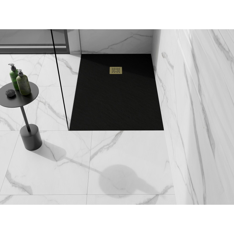 Mexen Stone+ 140 x 90 cm-es téglalap alakú kompozit zuhanytálca, fekete, arany fedlap - 44709014-G