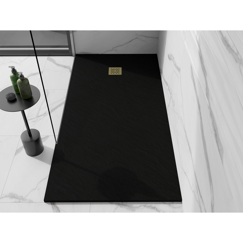 Mexen Stone+ 160 x 70 cm-es téglalap alakú kompozit zuhanytálca, fekete, arany burkolat - 44707016-G