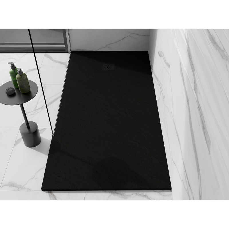 Mexen Stone+ 180 x 70 cm-es téglalap alakú kompozit zuhanytálca, fekete, fekete burkolat - 44707018-B
