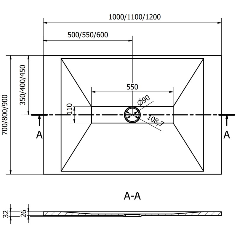 Mexen Toro recepție dreptunghiulară SMC 110 x 90 cm, negru, grătar negru - 43709011-B