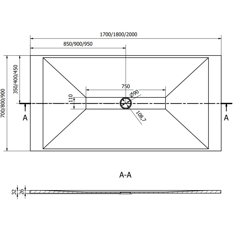 Mexen Toro brodzilă dreptunghiulară SMC 200 x 80 cm, alb, mască aurie - 43108020-G
