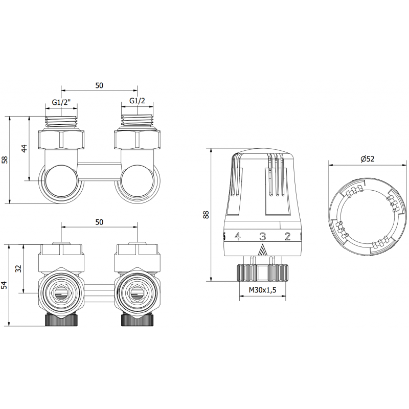 Mexen G01 set termostatic bialcameral DN50, colțar 1/2"x16 mm, nichel - W911-016-918-01
