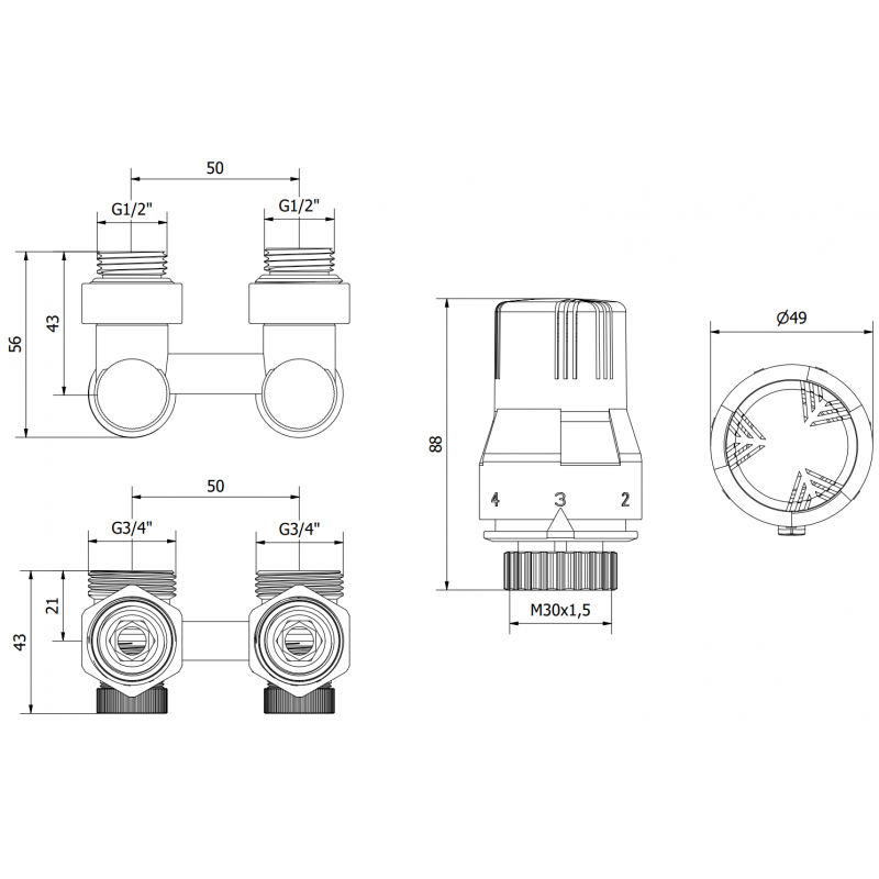 Mexen G02 set termostatic cu două țevi DN50, unghiular 1/2"x3/4", nichel - W911-012-928-01