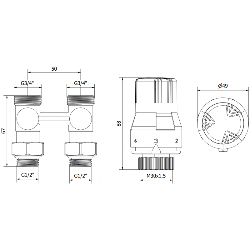 Mexen G02 termosztatikus készlet kétcsöves DN50, egyenes 1/2"x3/4", nikkel - W912-012-928-01