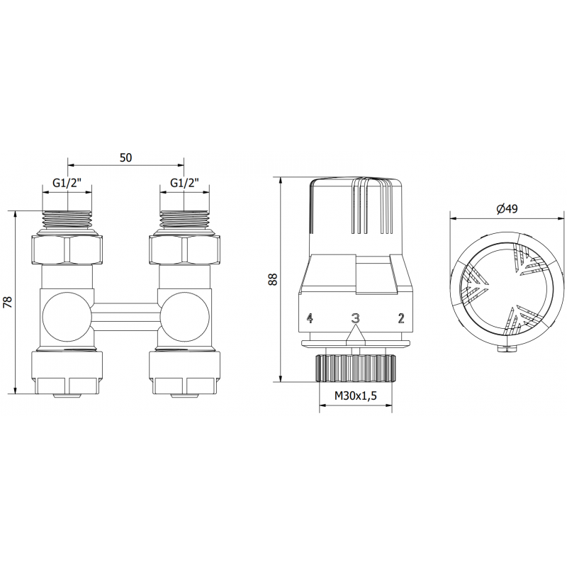 Mexen G02 set termostat dublu DN50, drept 1/2"x16 mm, nichel - W912-016-928-01
