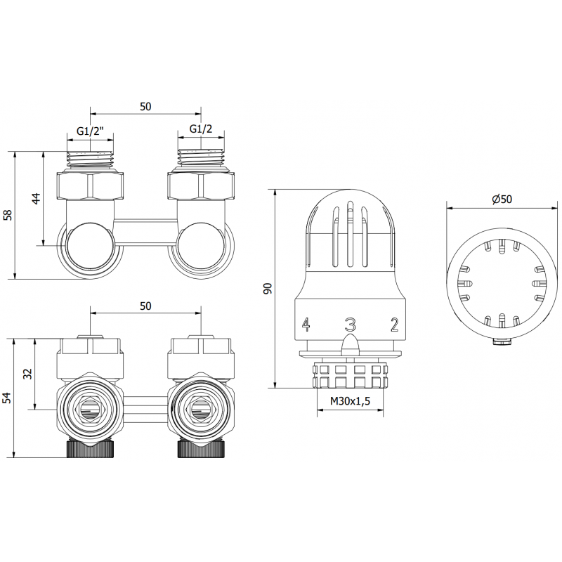 Mexen G04 set termostatic cu două țevi DN50, unghiular 1/2"x16 mm, nichel - W911-016-948-01