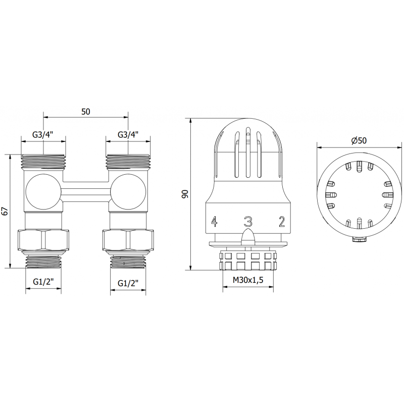 Mexen G04 kéttubusos termosztatikus készlet DN50, egyenes 1/2"x3/4", nikkel - W912-012-948-01