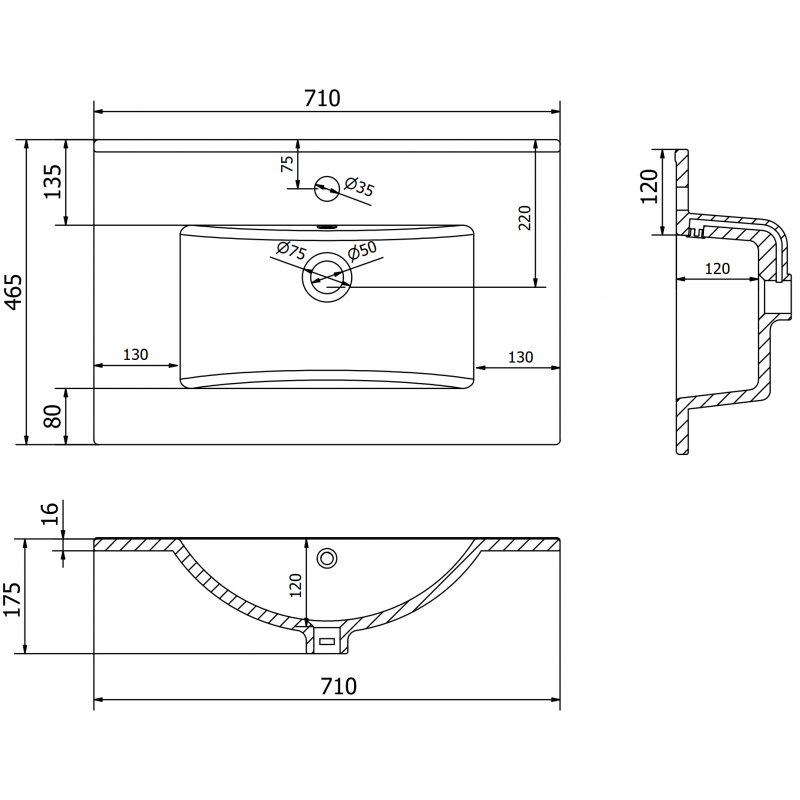 Mexen Atena munkalapba süllyesztett mosdókagyló 71 x 46 cm, fehér - 25017000