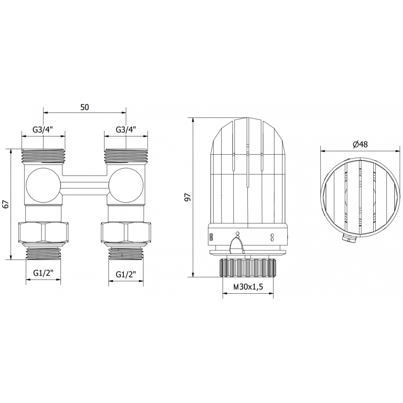 Mexen G03 set termostatic dublu DN50, drept 1/2"x3/4", nichel - W912-012-938-01