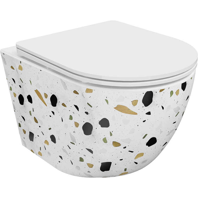 Mexen Lena Rimless WC csésze lassan záródó vékony duroplast ülőkével, terrazzo fehér kő - 30224096