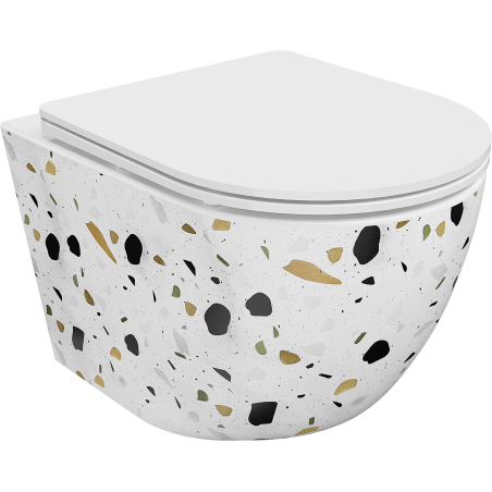 Mexen Lena Rimless WC csésze lassan záródó vékony duroplast ülőkével, terrazzo fehér kő - 30224096