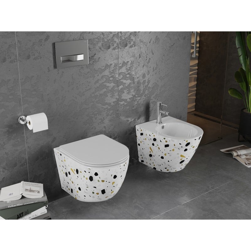 Mexen Lena Rimless WC csésze lassan záródó slim duroplast ülőkével, fehér terrazzo kő - 30224096