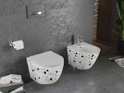 Mexen Lena Rimless WC csésze lassan záródó slim duroplast ülőkével, fehér terrazzo kő - 30224096