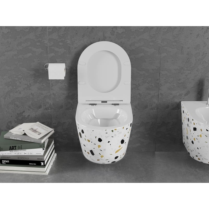 Mexen Lena Rimless WC csésze lassan záródó slim duroplast ülőkével, fehér terrazzo kő - 30224096