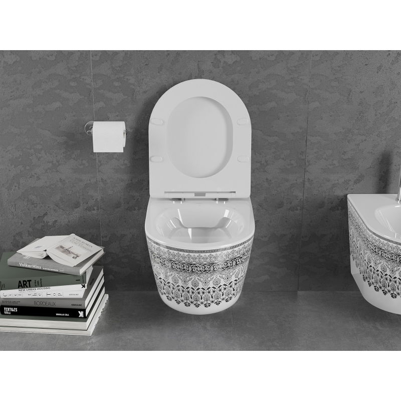 Mexen Lena Rimless WC csésze lassan záródó Slim üléssel, duroplast, fehér/fekete mintás - 30224095