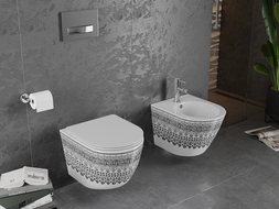 Mexen Lena Rimless WC csésze lassan záródó Slim üléssel, duroplast, fehér/fekete mintás - 30224095