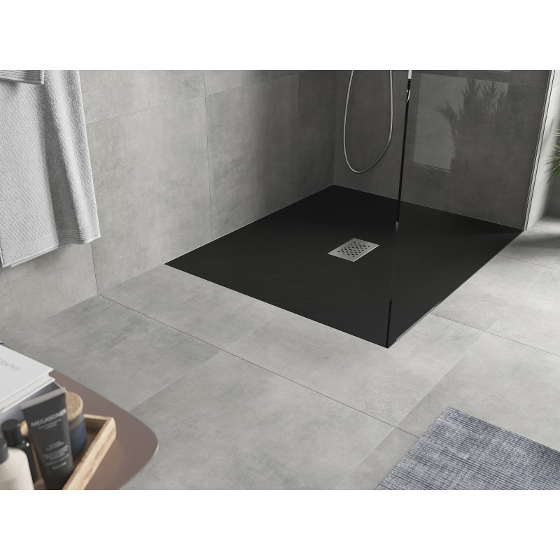 Mexen Hugo téglalap alakú SMC zuhanytálca 130 x 100 cm, fekete, inox fedlap - 42701013-X