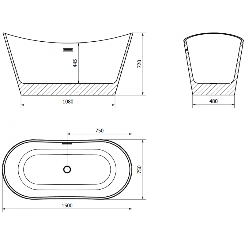 Mexen Montana szabadon álló kád 150 x 75 cm, fehér, arany túlfolyó - 52011507500-50