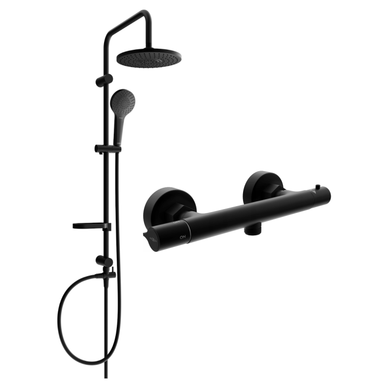 Mexen Erik set de duș aparente cu ploaie și baterie de duș termostatică Slim, negru - 77105205-70