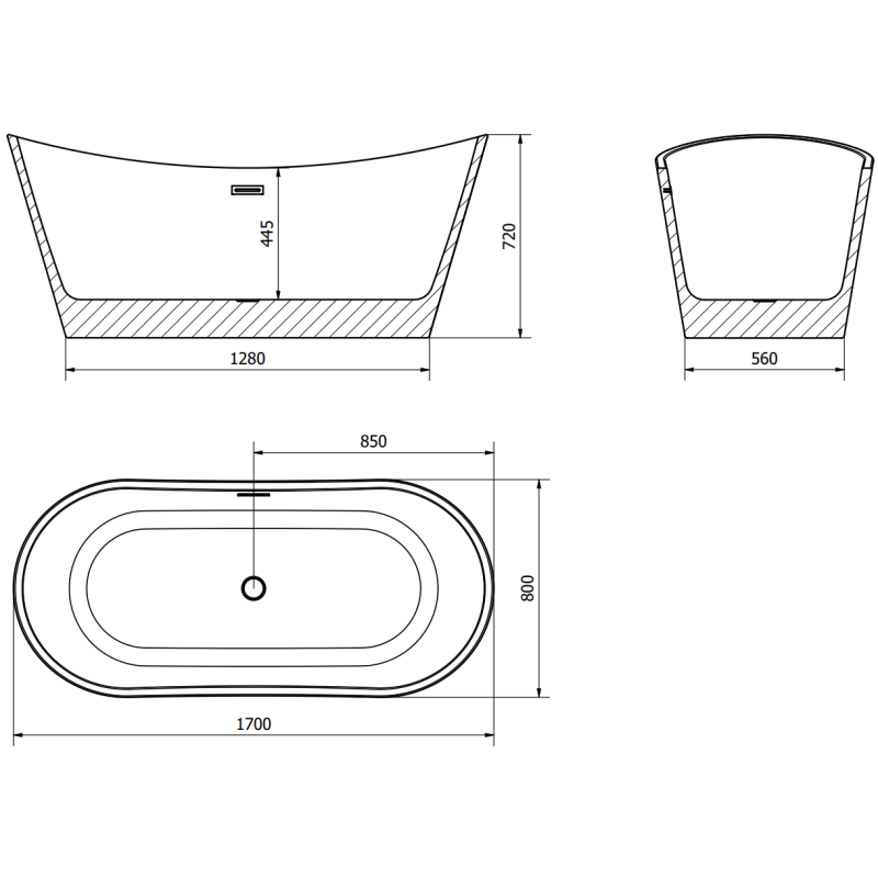 Mexen Montana cadă freestanding 170 x 80 cm, albă, cu preaplin din cupru periat - 52011708000-65