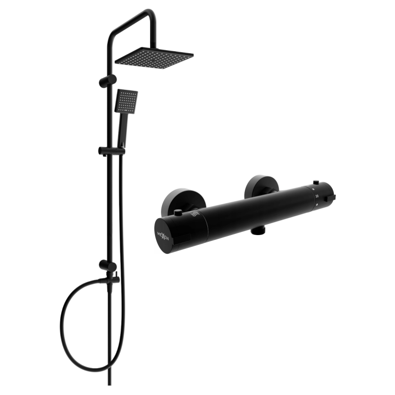 Mexen Tord set de duș montat la suprafață cu cap de duș și baterie de duș termostatică Kai, negru - 77100200-70