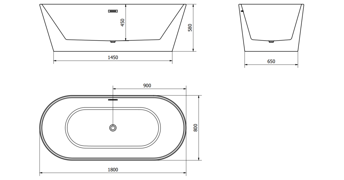 Mexen Luna cadă freestanding 180 x 80 cm, albă, preaplin negru