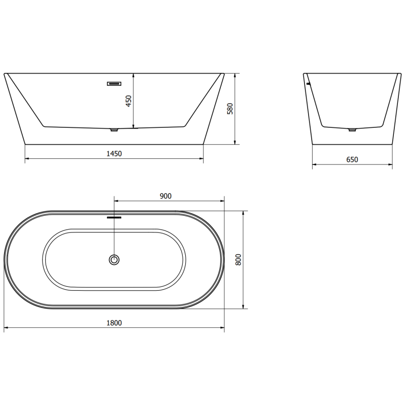 Mexen Luna cadă independentă 180 x 80 cm, albă/neagră, preaplin metal pistol - 52031808075-95