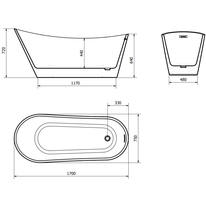 Mexen Alta cadă freestanding 170 x 75 cm, albă, preaplin auriu - 52141707500-50