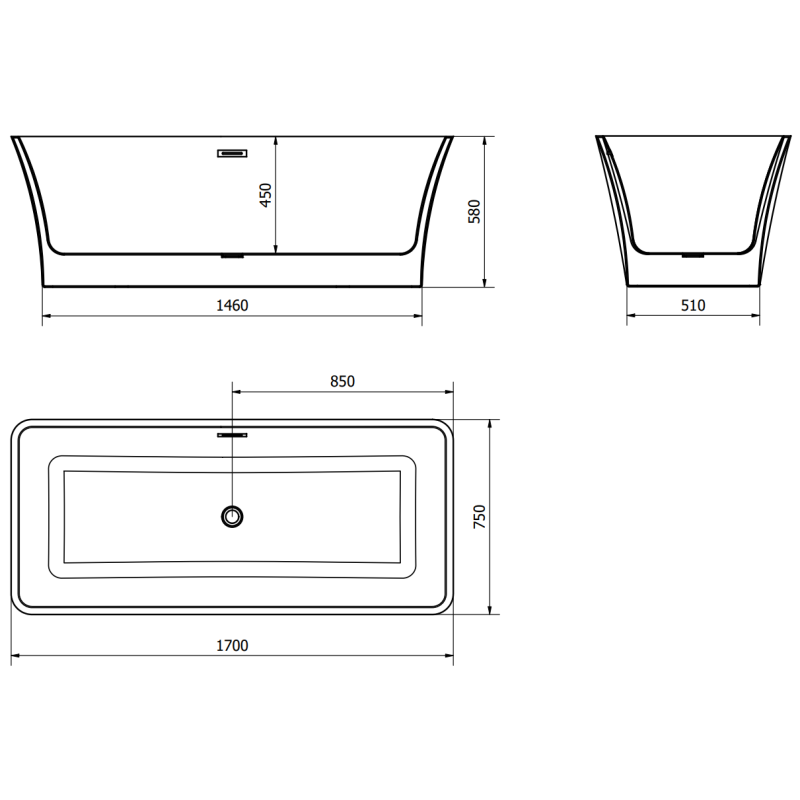 Mexen Tonia cadă freestanding 170 x 75 cm, alb/negru, preaplin gun metal - 52171707575-95