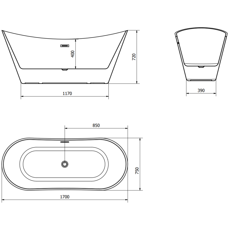 Mexen Celia cadă de baie freestanding 170 x 75 cm, albă, preaplin gun gray periat - 52331707500-66
