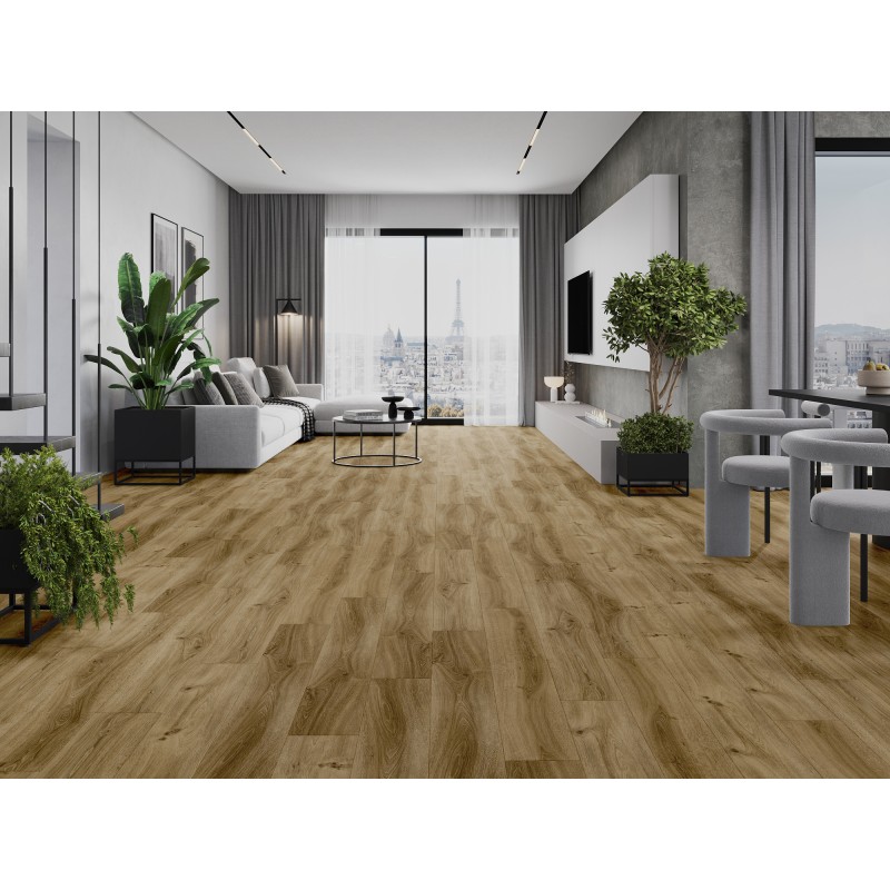 Mexen Amsterdam vinyl padlóburkolatok 1240 x 182 mm SPC 6,5 mm, IXPE 1,5 mm alátét, 4 V-fuga, Tölgy