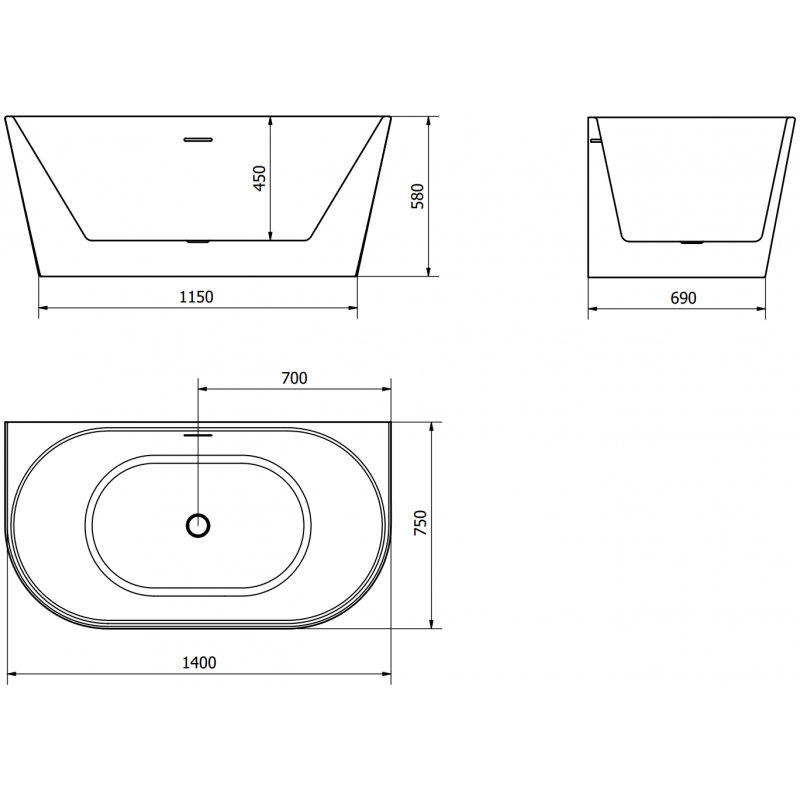 Mexen Oval cadă de baie freestandingă de perete 140 x 75 cm, alb/negru, preaplin negru - 52671407575-70