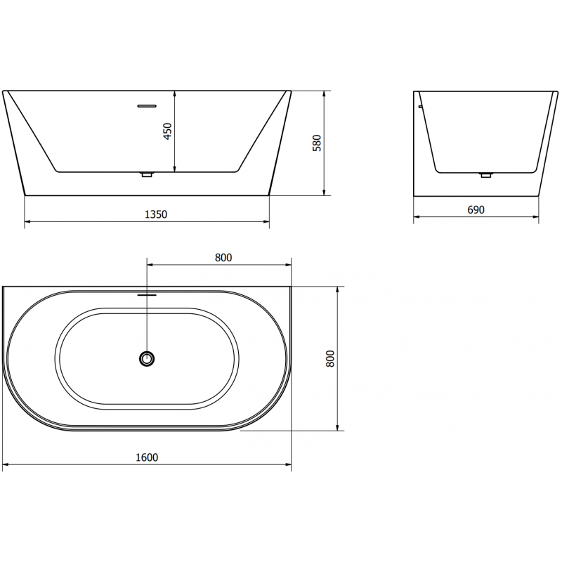 Mexen Oval szabadon álló falhoz közeli kád 160 x 80 cm, fehér, fekete túlfolyó - 52671608000-70